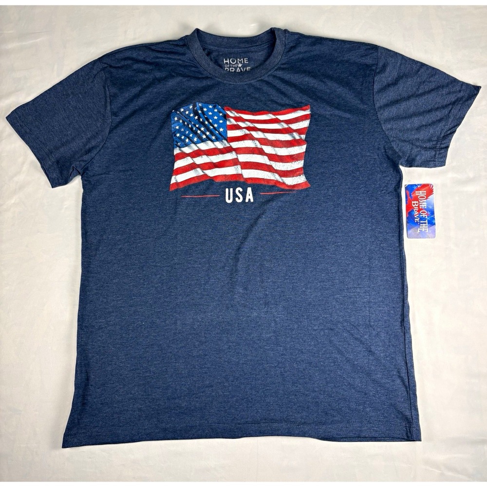 Home of the Brave Mens XL Blue USA Flag Graphic Crew Neck Short Sleeve Tee